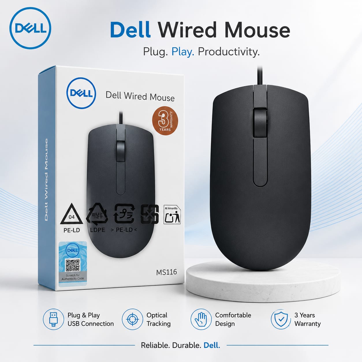 DELL MS116 WIRE OPTICAL USB MOUSE 