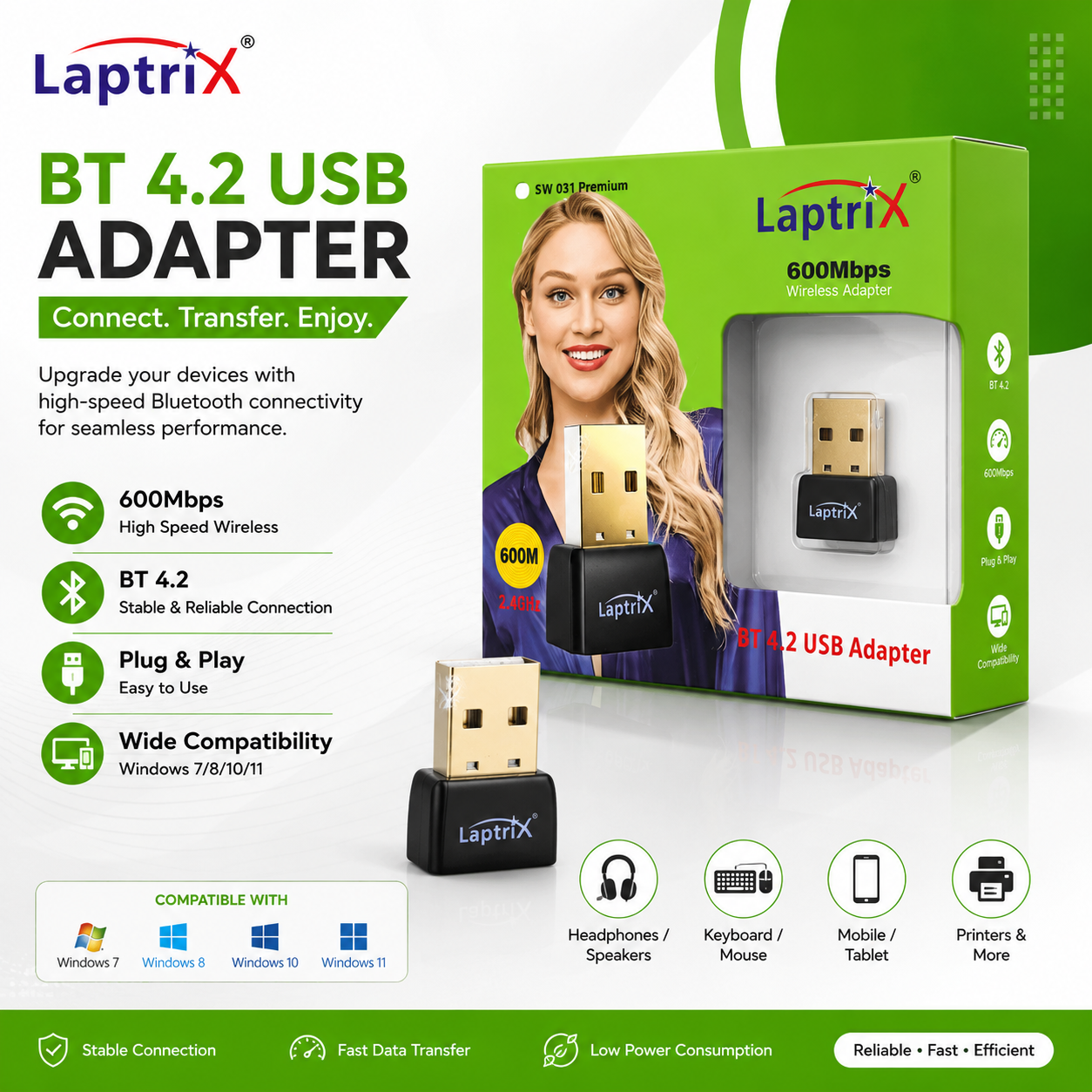 Laptrix BT 4.2 USB Wireless Adapter 600Mbps